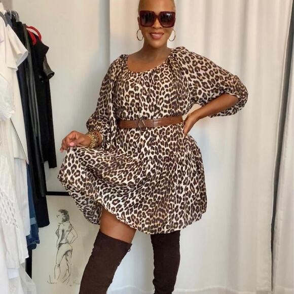 HM BOHO HIPPIE LIGHWEIGHT ANIMAL PRINT DRESS BROWN BLACK LARGE - Picture 1 of 6